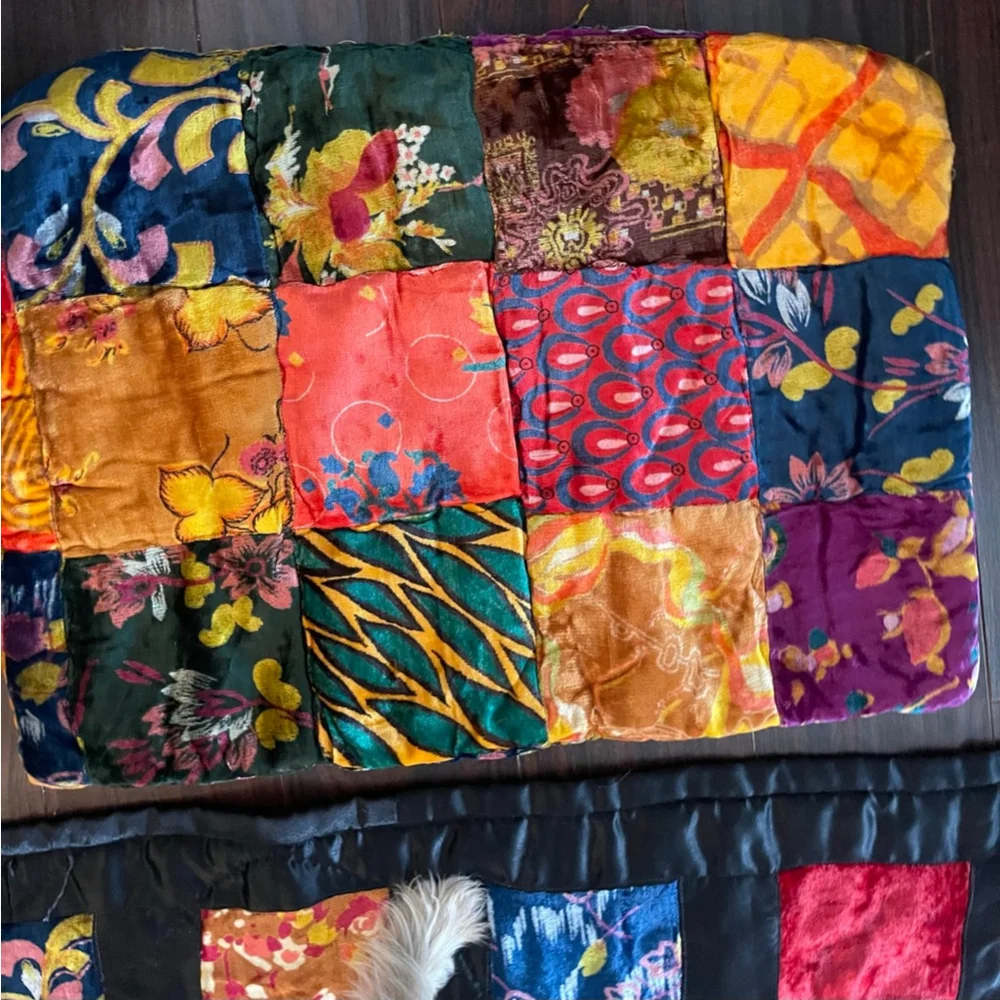 Vintage 60s Boho Patchwork Velvet Quilt Throw + Pillow Sham India Decor